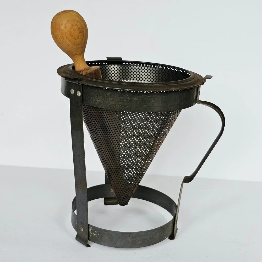 Vintage Metal Chinois Strainer Conical Sieve Stand Wood Pestle Primitive Rustic